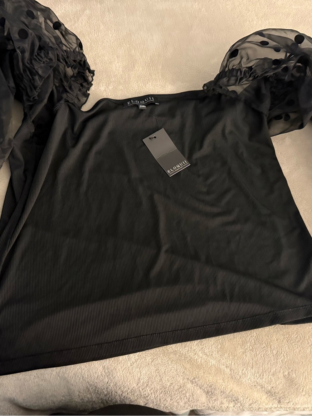 Eloquii Black Sheer Polka-Dot Puff Sleeve Top